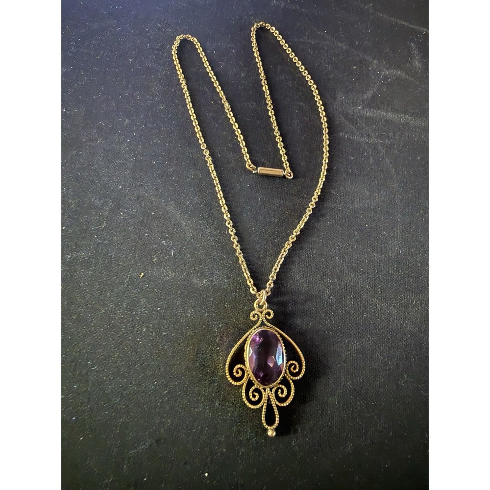 Vintage S.O. Bigney & Co. Filigree Amethyst Pendant Necklace 16" 5.6g
